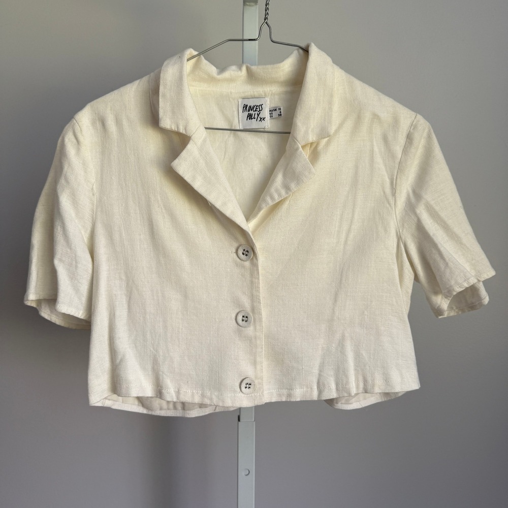 Princess Polly Crop Top Cream Button Down Short Sleeve‎ Collared Shirt